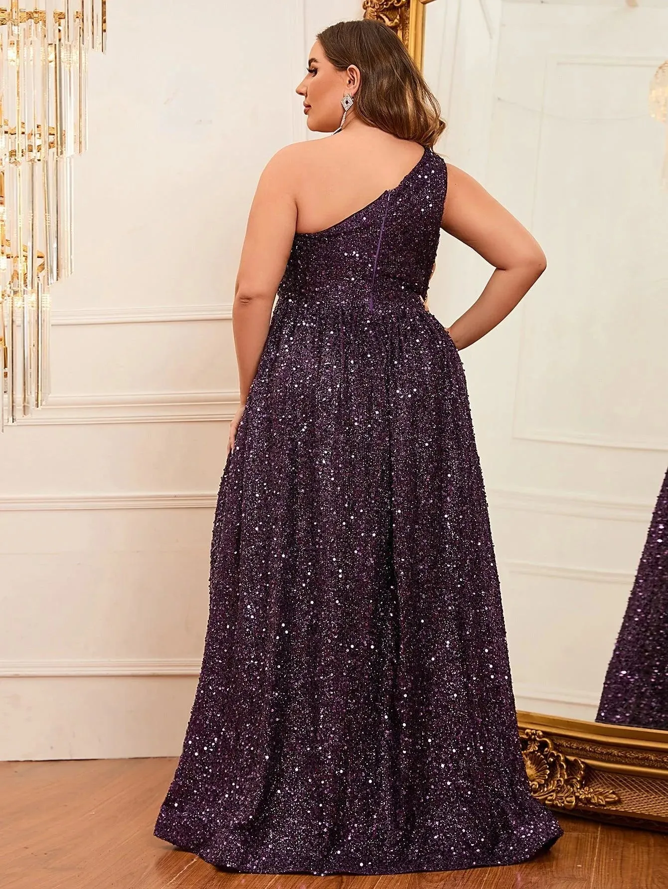 Plus Size One Shoulder Sleeveless Sequin A Line Dresses