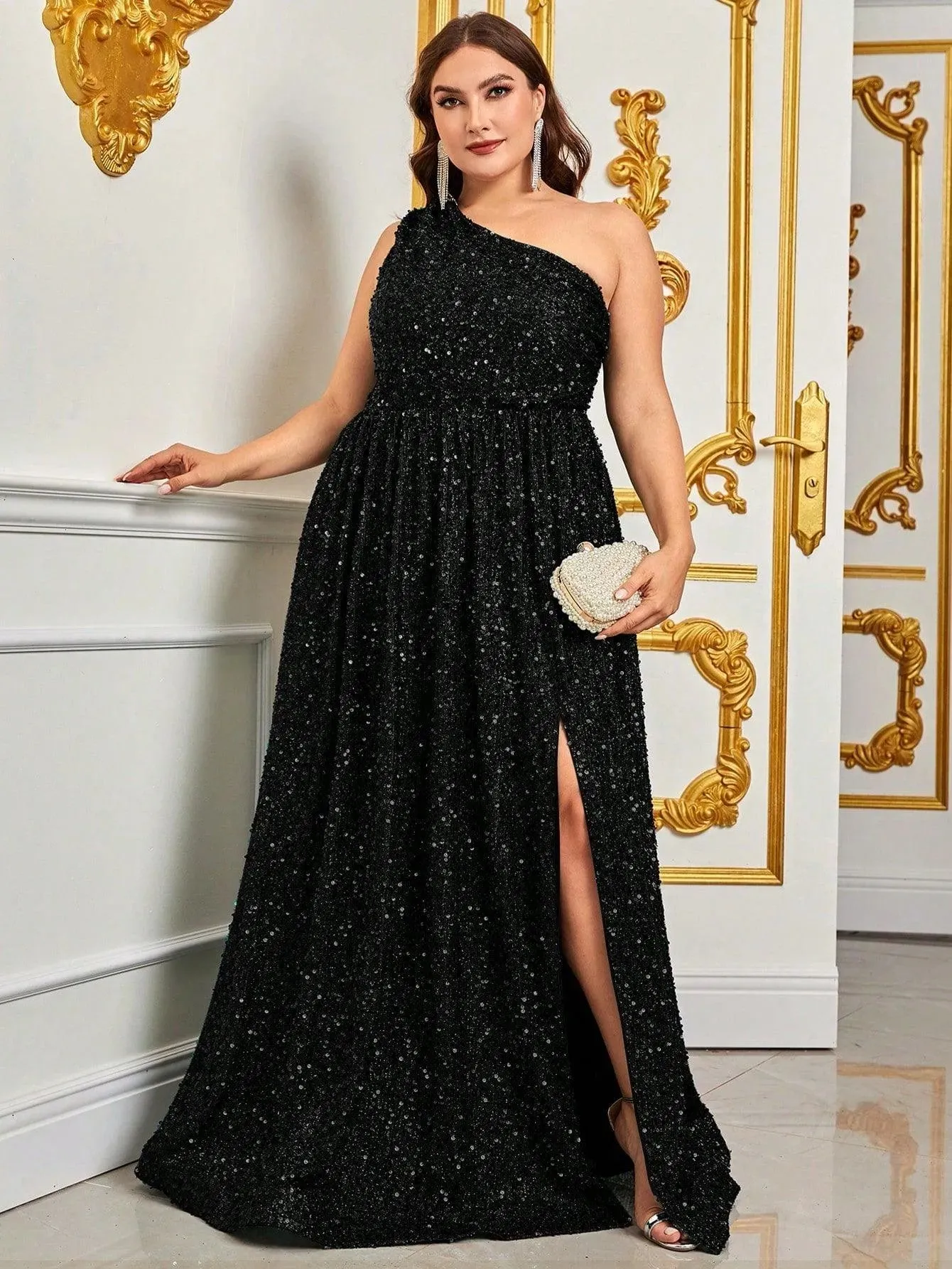 Plus Size One Shoulder Sleeveless Sequin A Line Dresses