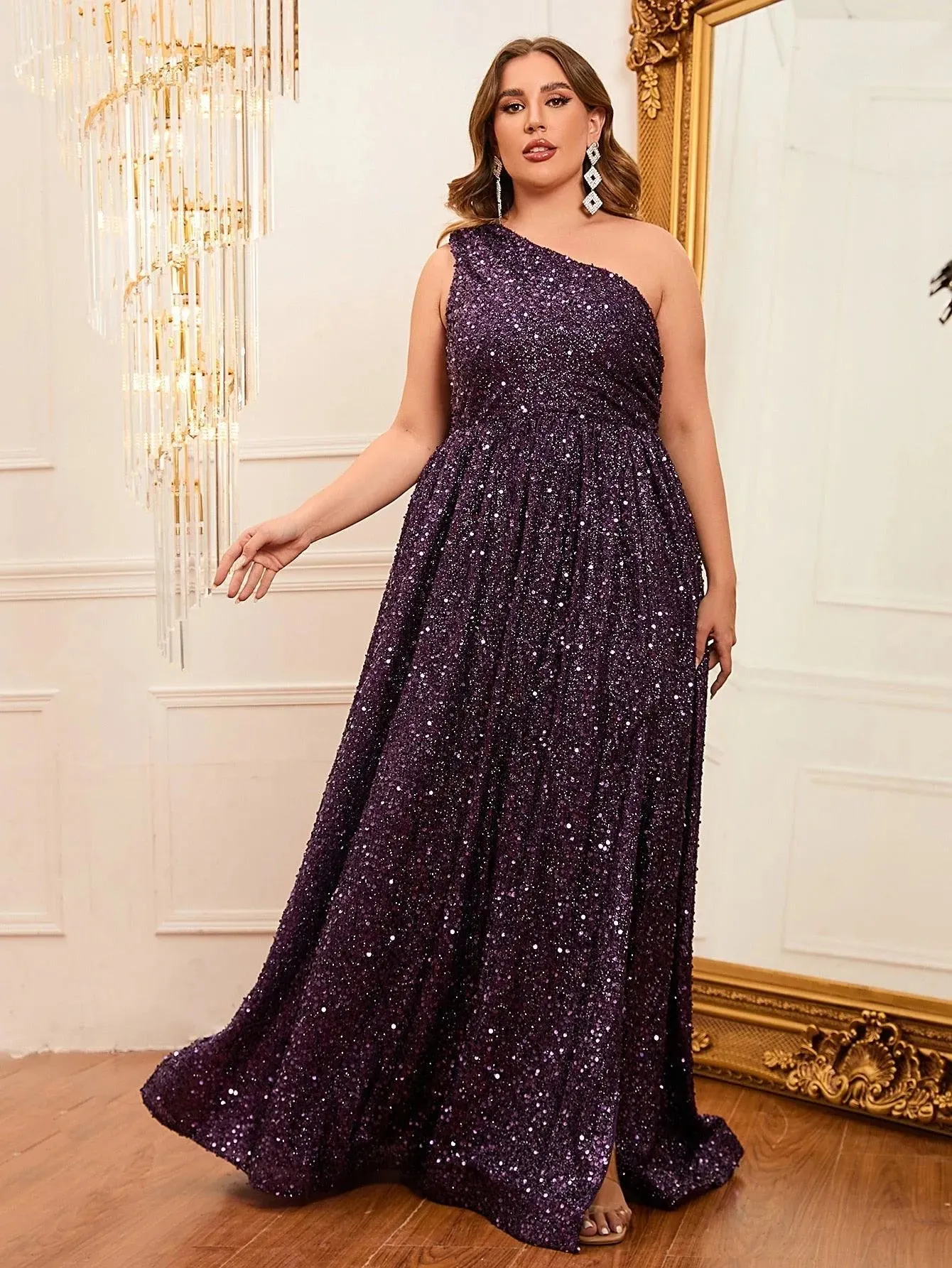 Plus Size One Shoulder Sleeveless Sequin A Line Dresses