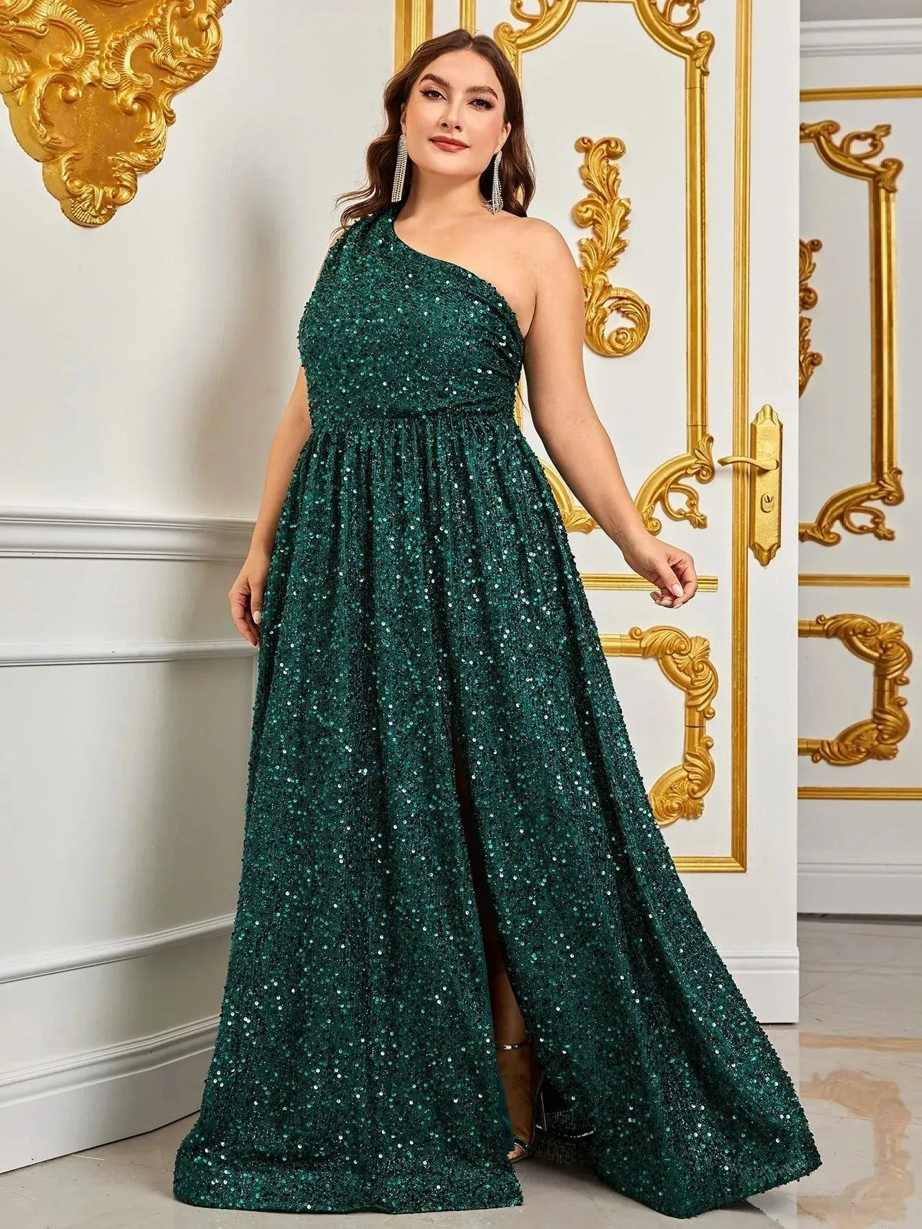 Plus Size One Shoulder Sleeveless Sequin A Line Dresses