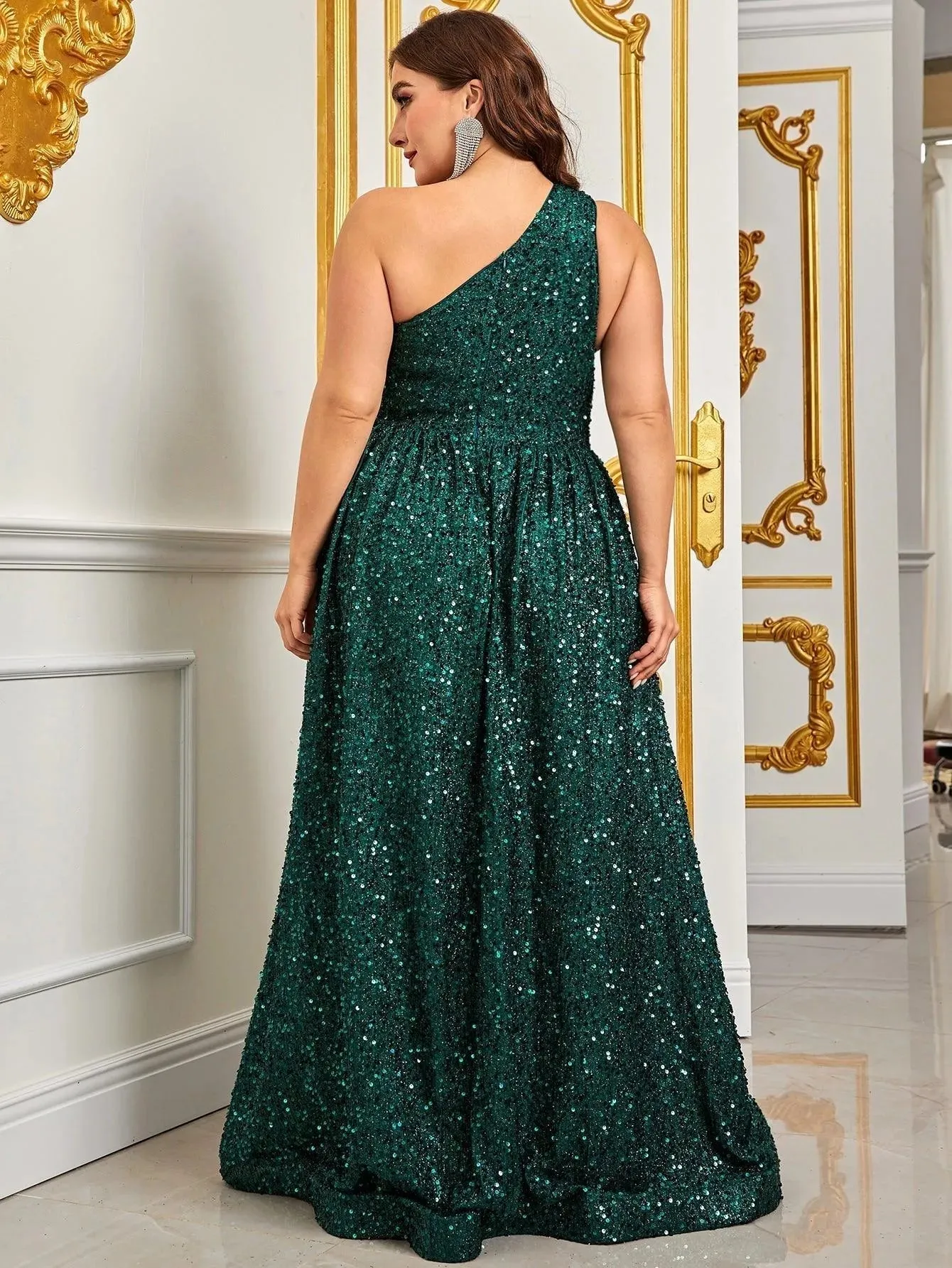Plus Size One Shoulder Sleeveless Sequin A Line Dresses
