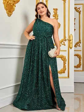 Plus Size One Shoulder Sleeveless Sequin A Line Dresses