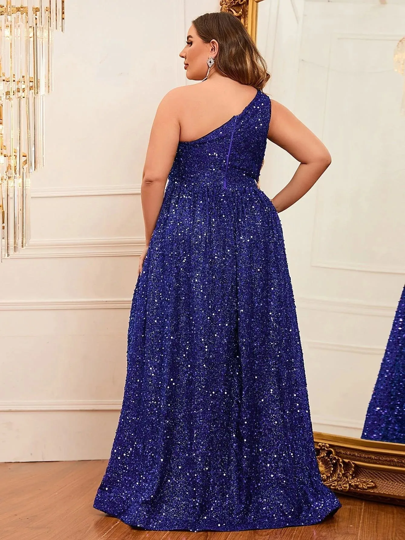 Plus Size One Shoulder Sleeveless Sequin A Line Dresses