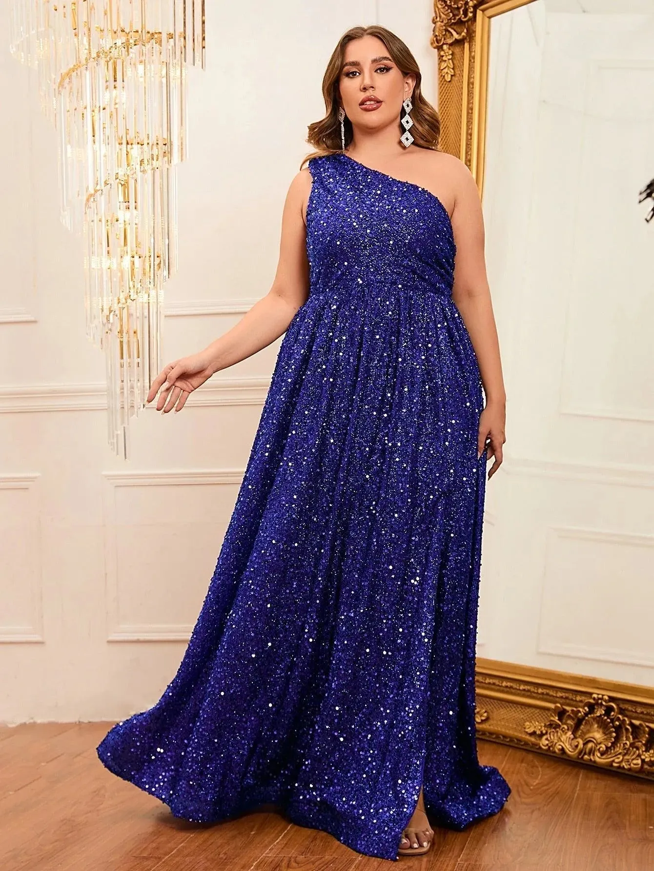 Plus Size One Shoulder Sleeveless Sequin A Line Dresses