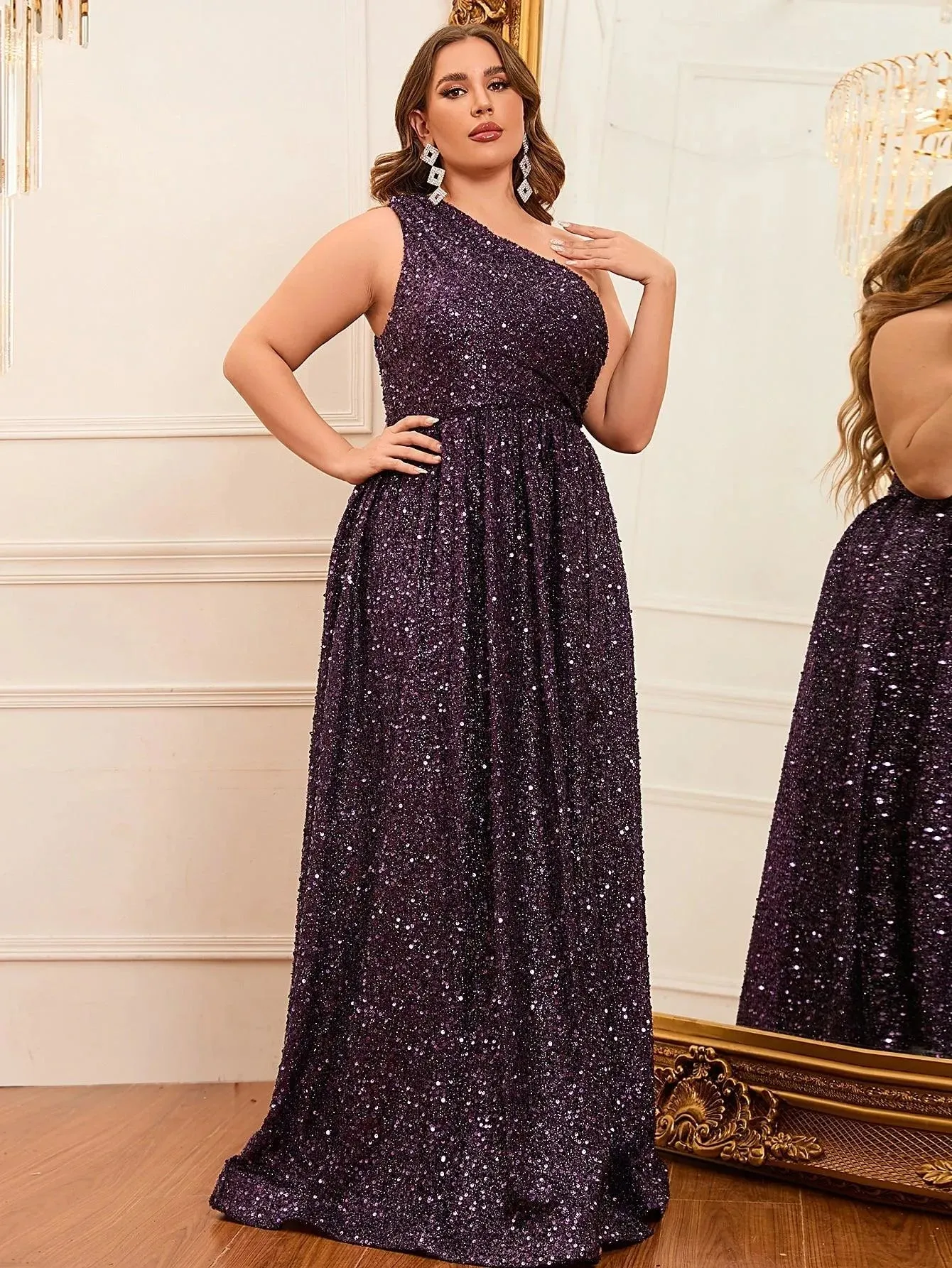 Plus Size One Shoulder Sleeveless Sequin A Line Dresses