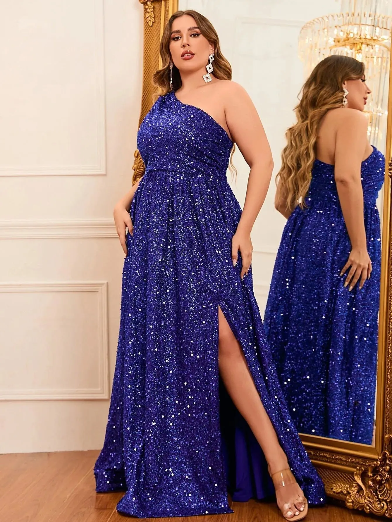 Plus Size One Shoulder Sleeveless Sequin A Line Dresses