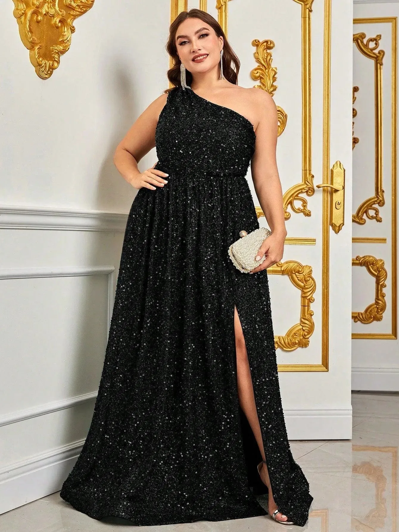 Plus Size One Shoulder Sleeveless Sequin A Line Dresses