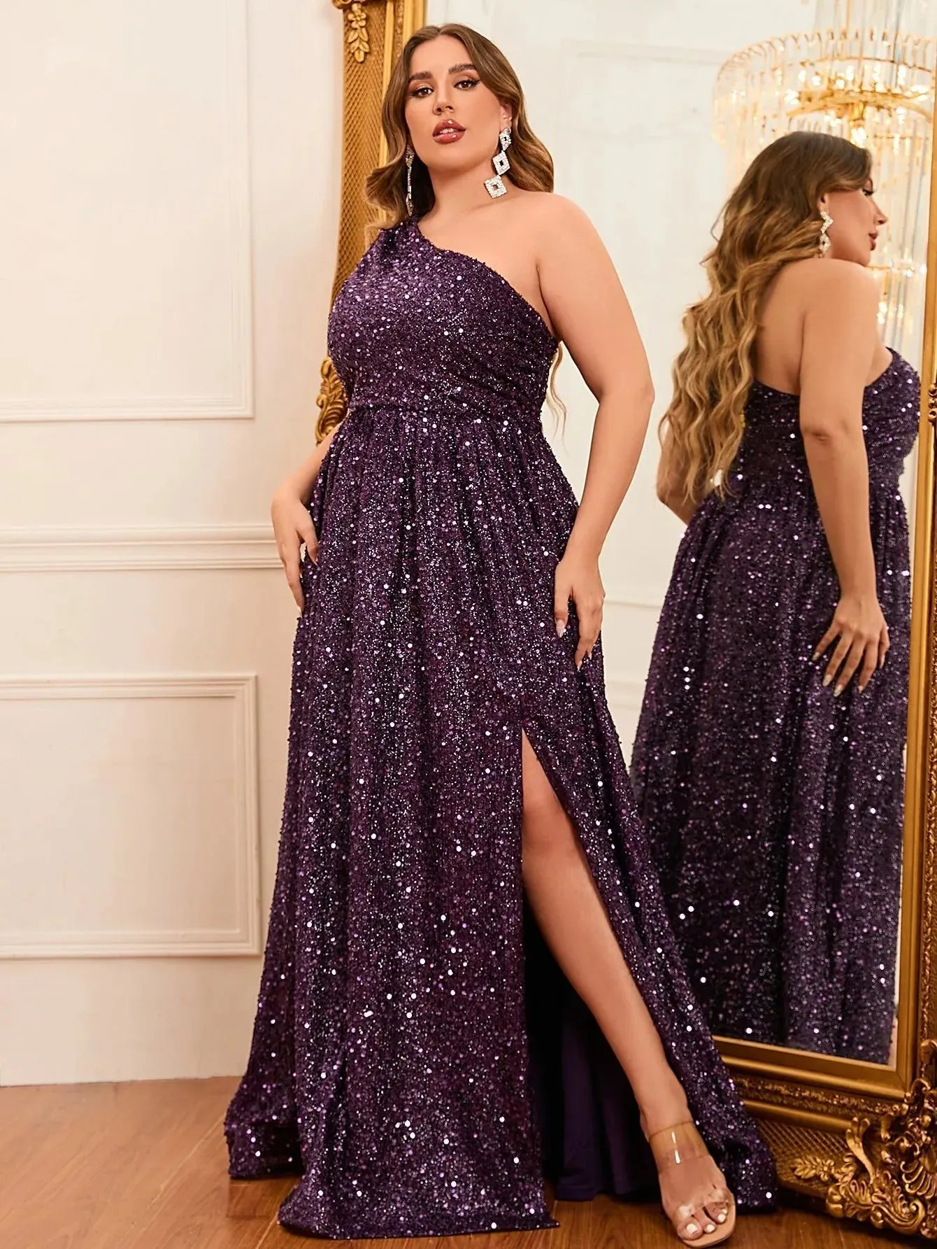 Plus Size One Shoulder Sleeveless Sequin A Line Dresses