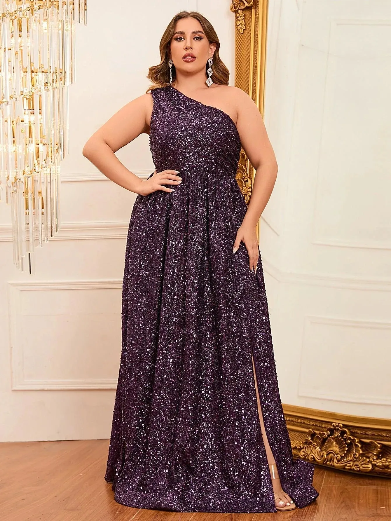 Plus Size One Shoulder Sleeveless Sequin A Line Dresses