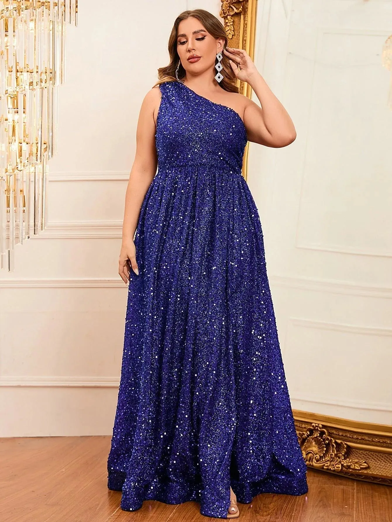 Plus Size One Shoulder Sleeveless Sequin A Line Dresses