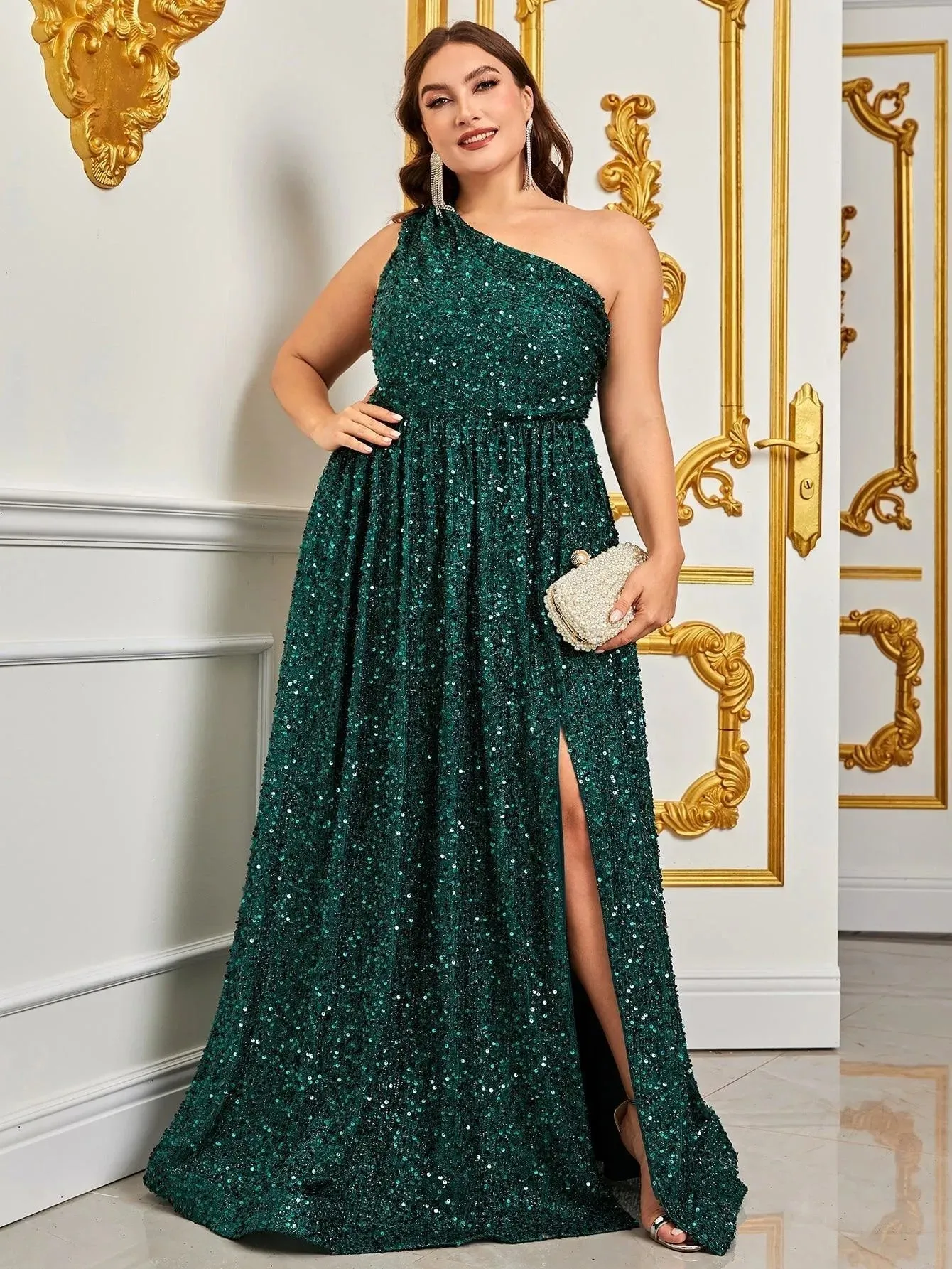 Plus Size One Shoulder Sleeveless Sequin A Line Dresses