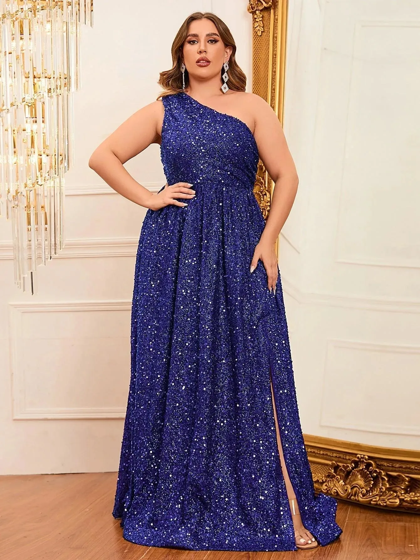 Plus Size One Shoulder Sleeveless Sequin A Line Dresses