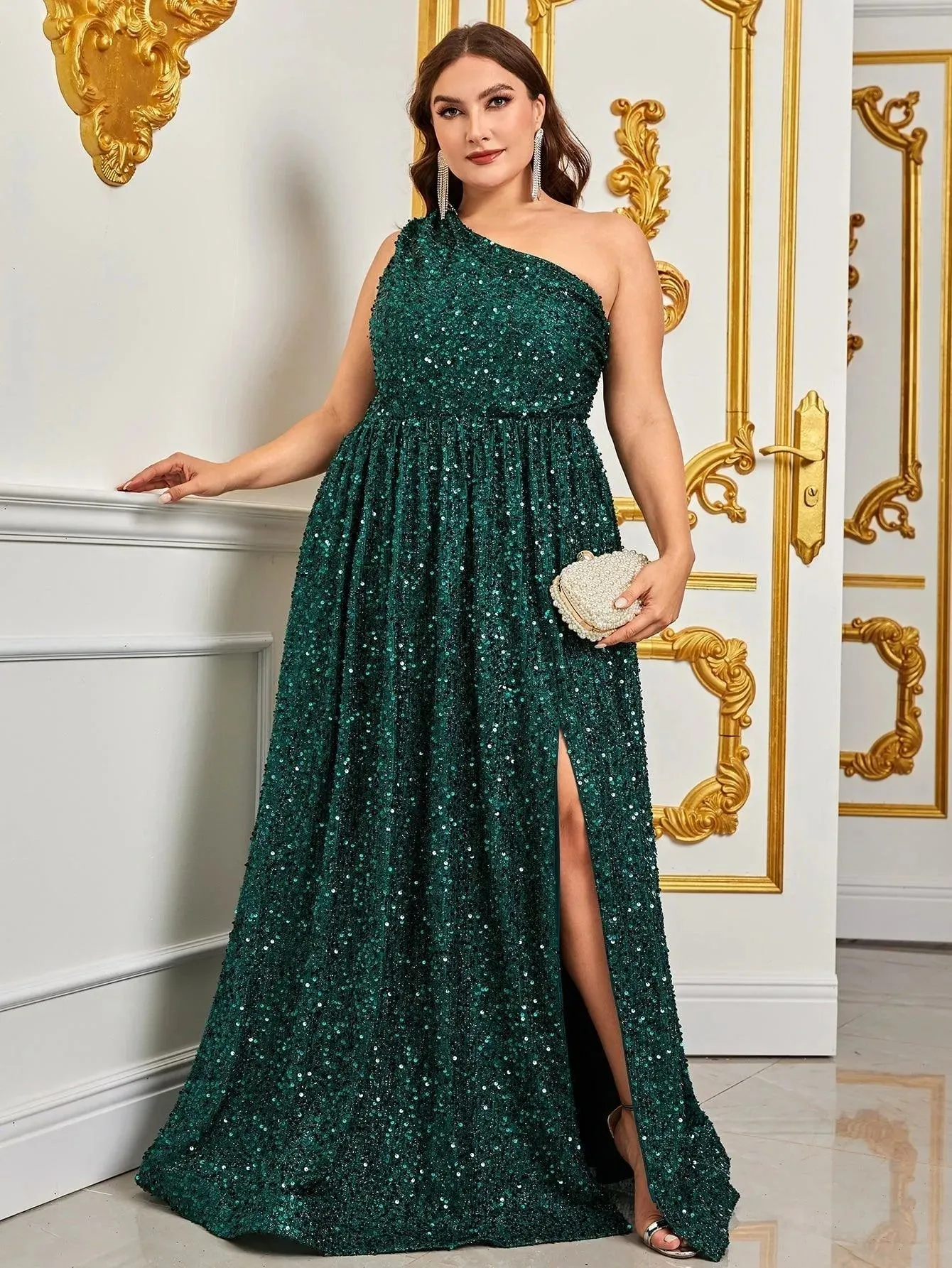Plus Size One Shoulder Sleeveless Sequin A Line Dresses