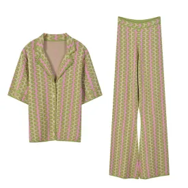 Pre Order:  Multicolor Lapel Shirt Knitted Top   Pants Set