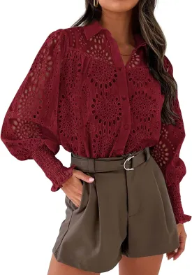 PRETTYGARDEN Women's Spring Button Down Shirts Dressy Casual Fall Long Puff Sleeve Eyelet Loose Fit Collared Blouse Top