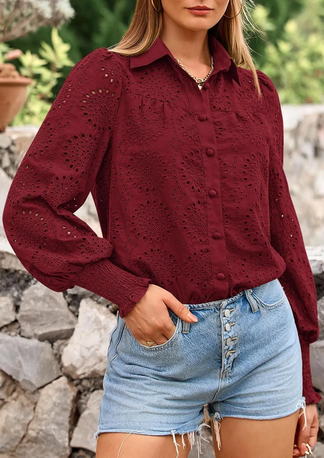 PRETTYGARDEN Women's Spring Button Down Shirts Dressy Casual Fall Long Puff Sleeve Eyelet Loose Fit Collared Blouse Top