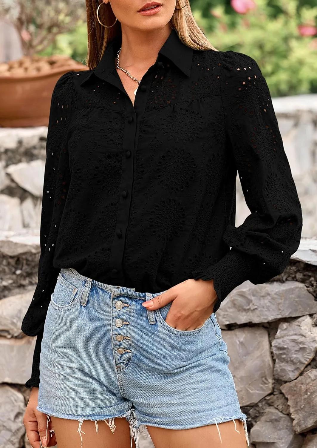 PRETTYGARDEN Women's Spring Button Down Shirts Dressy Casual Fall Long Puff Sleeve Eyelet Loose Fit Collared Blouse Top