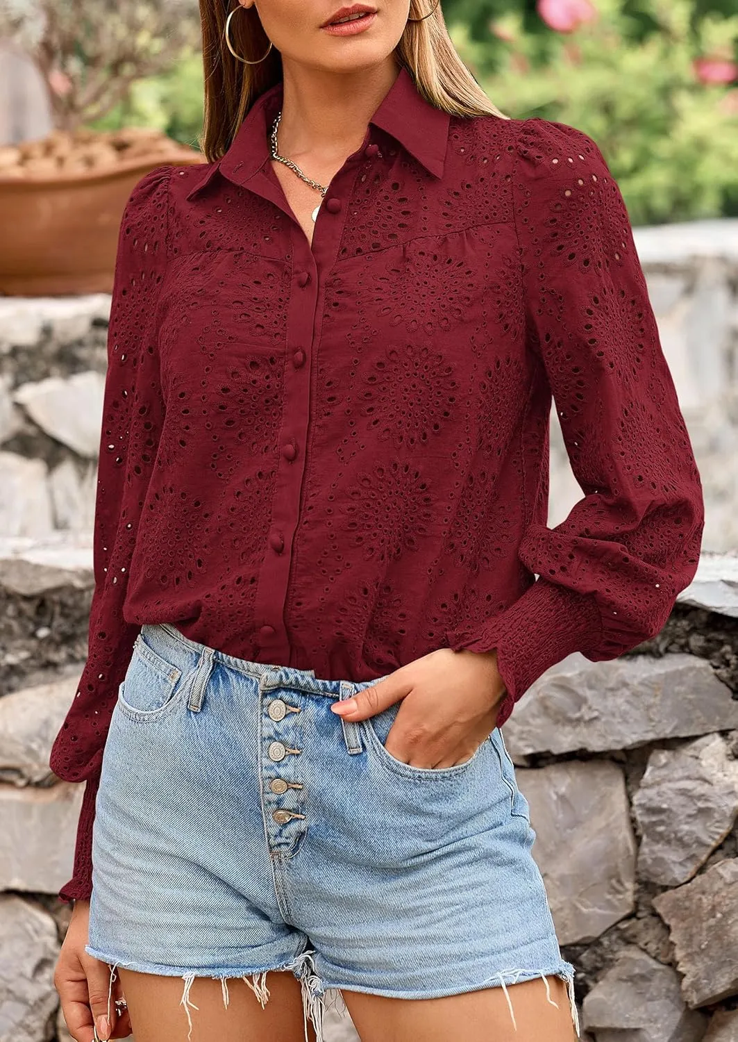 PRETTYGARDEN Women's Spring Button Down Shirts Dressy Casual Fall Long Puff Sleeve Eyelet Loose Fit Collared Blouse Top