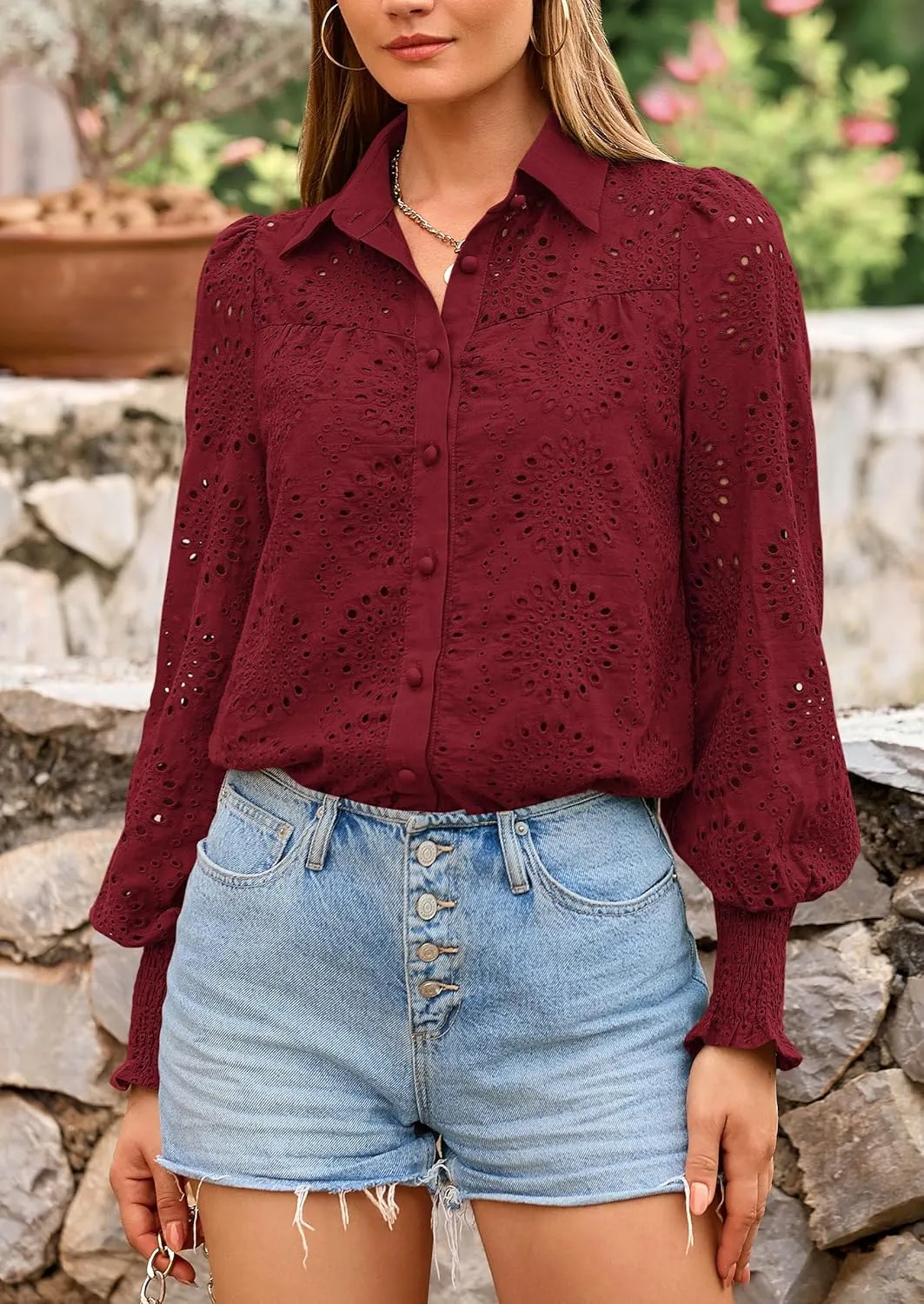 PRETTYGARDEN Women's Spring Button Down Shirts Dressy Casual Fall Long Puff Sleeve Eyelet Loose Fit Collared Blouse Top