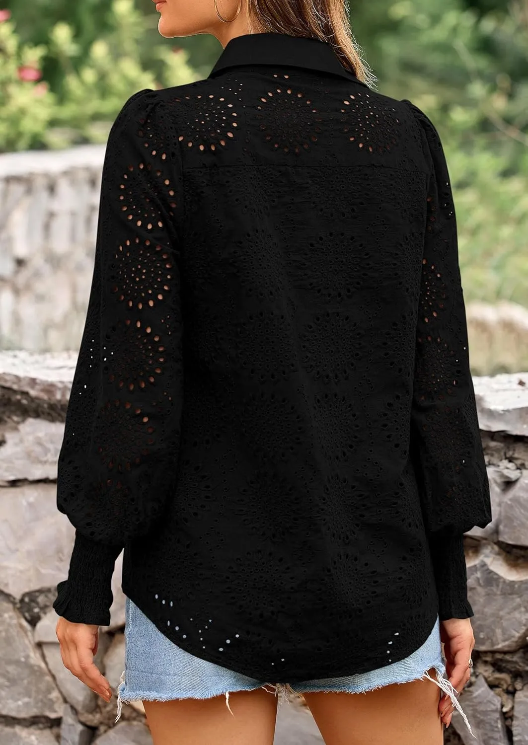 PRETTYGARDEN Women's Spring Button Down Shirts Dressy Casual Fall Long Puff Sleeve Eyelet Loose Fit Collared Blouse Top