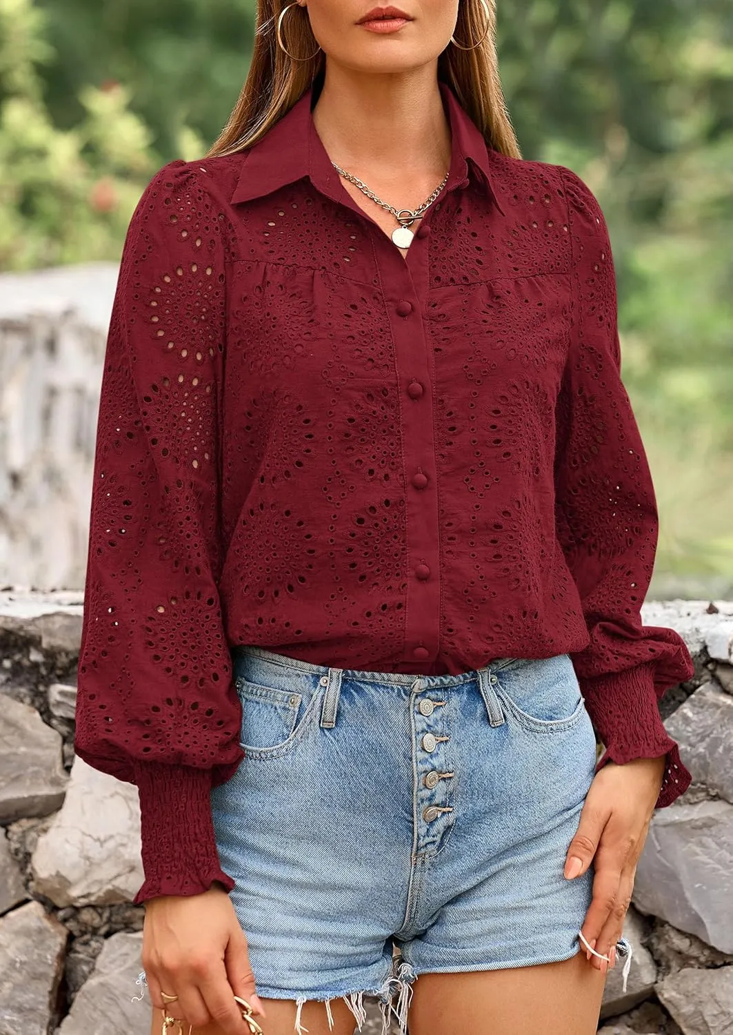PRETTYGARDEN Women's Spring Button Down Shirts Dressy Casual Fall Long Puff Sleeve Eyelet Loose Fit Collared Blouse Top
