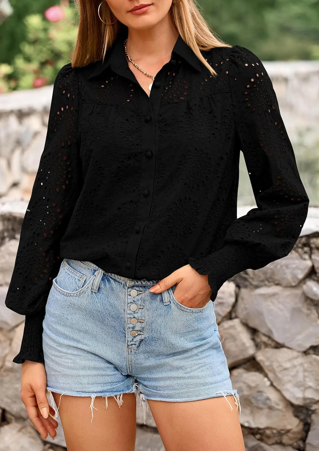 PRETTYGARDEN Women's Spring Button Down Shirts Dressy Casual Fall Long Puff Sleeve Eyelet Loose Fit Collared Blouse Top