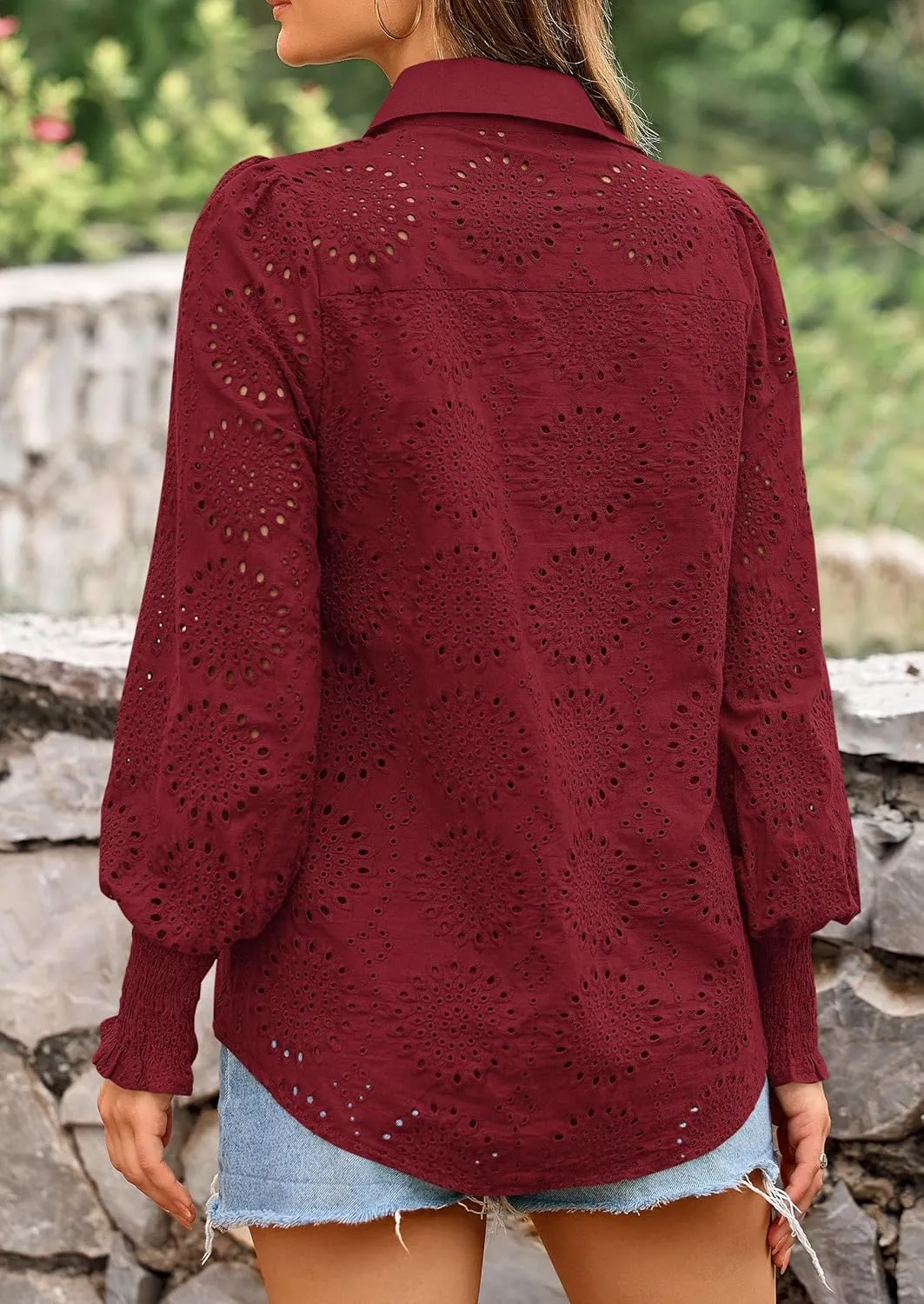 PRETTYGARDEN Women's Spring Button Down Shirts Dressy Casual Fall Long Puff Sleeve Eyelet Loose Fit Collared Blouse Top