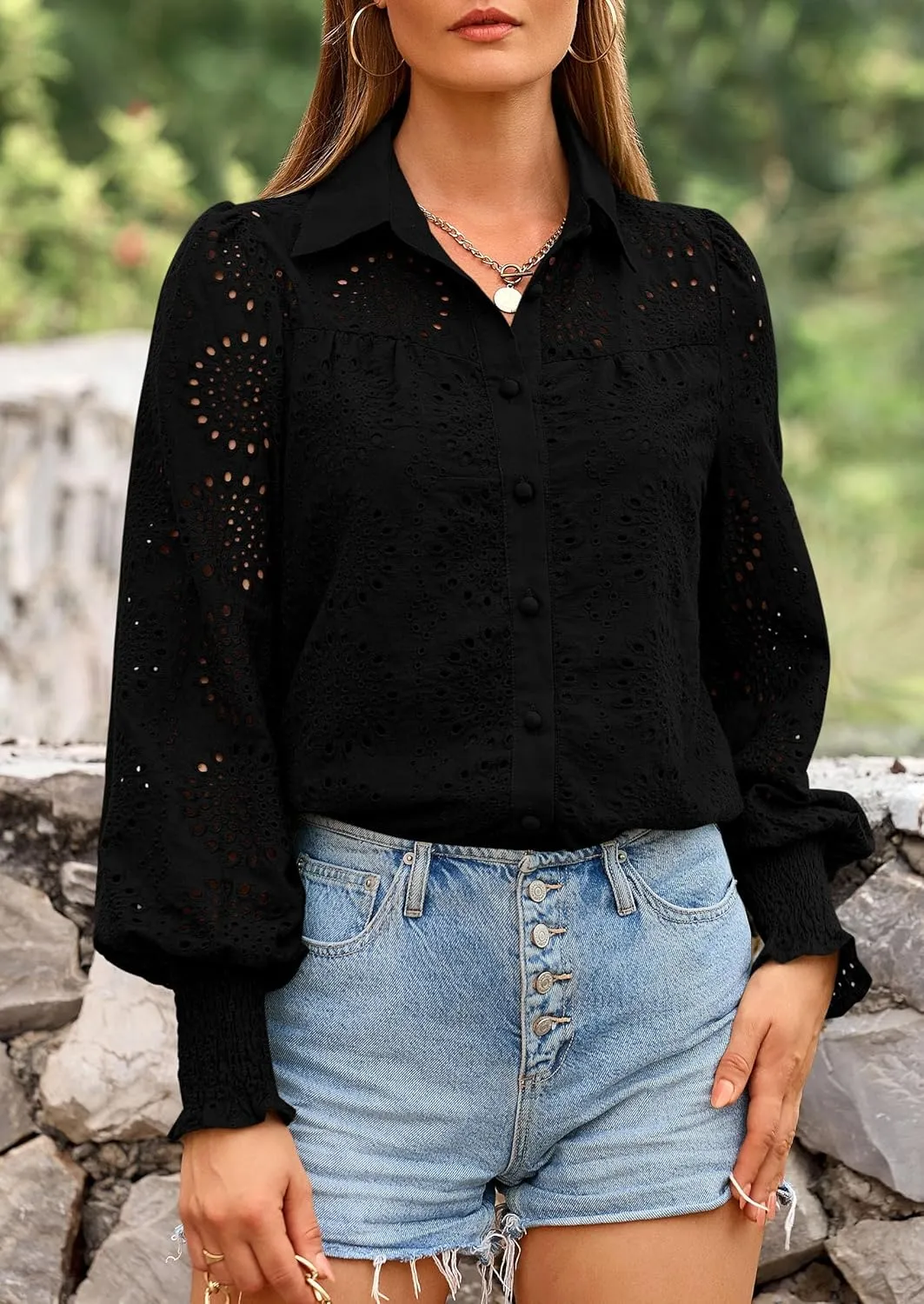 PRETTYGARDEN Women's Spring Button Down Shirts Dressy Casual Fall Long Puff Sleeve Eyelet Loose Fit Collared Blouse Top