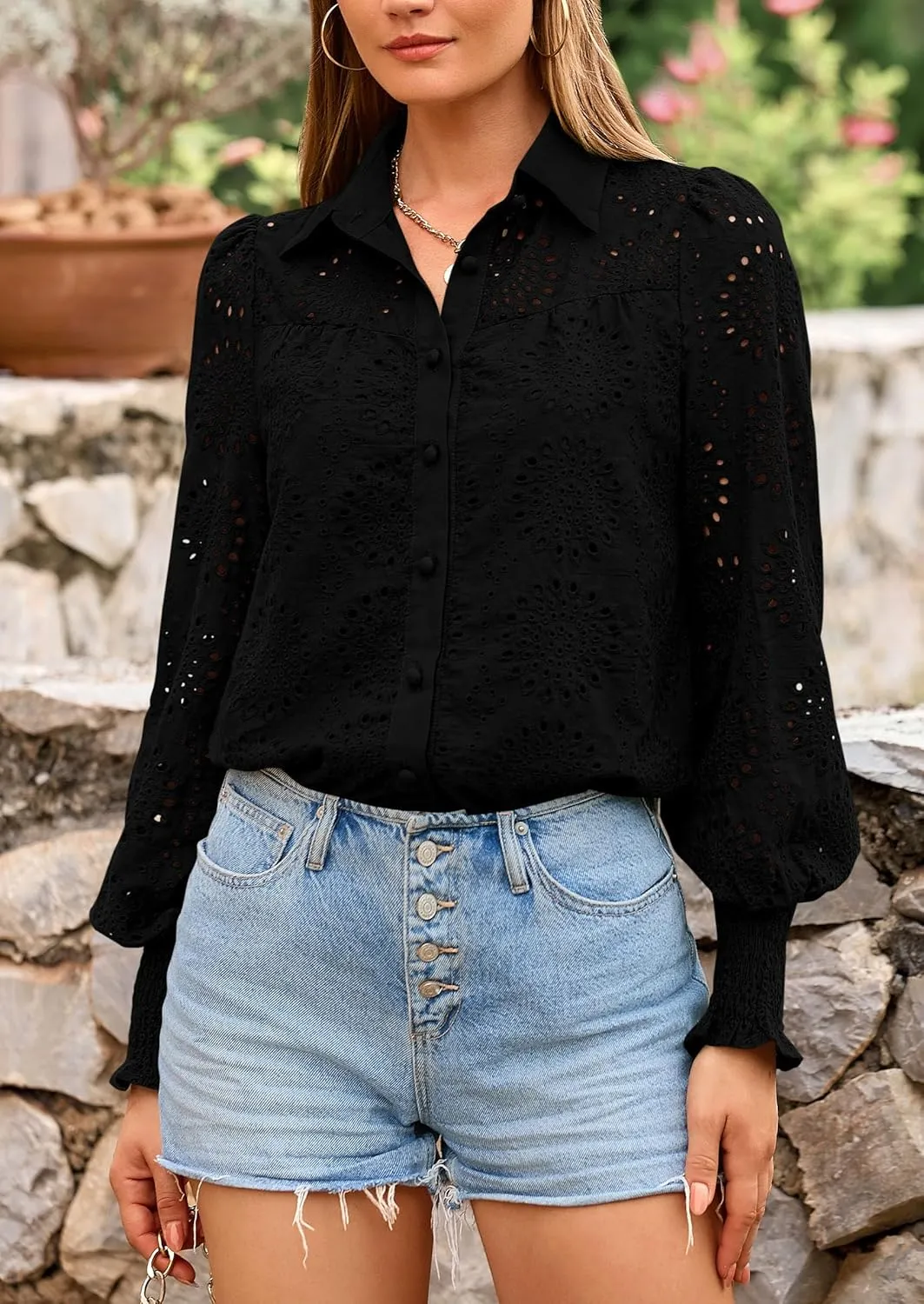 PRETTYGARDEN Women's Spring Button Down Shirts Dressy Casual Fall Long Puff Sleeve Eyelet Loose Fit Collared Blouse Top