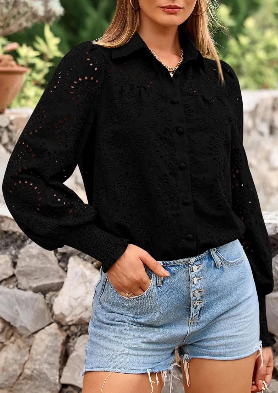 PRETTYGARDEN Women's Spring Button Down Shirts Dressy Casual Fall Long Puff Sleeve Eyelet Loose Fit Collared Blouse Top