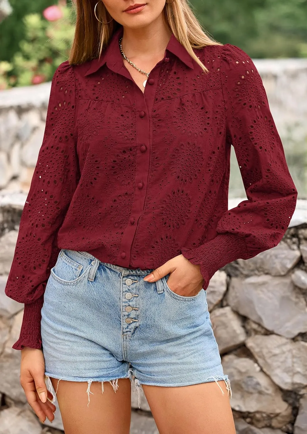 PRETTYGARDEN Women's Spring Button Down Shirts Dressy Casual Fall Long Puff Sleeve Eyelet Loose Fit Collared Blouse Top