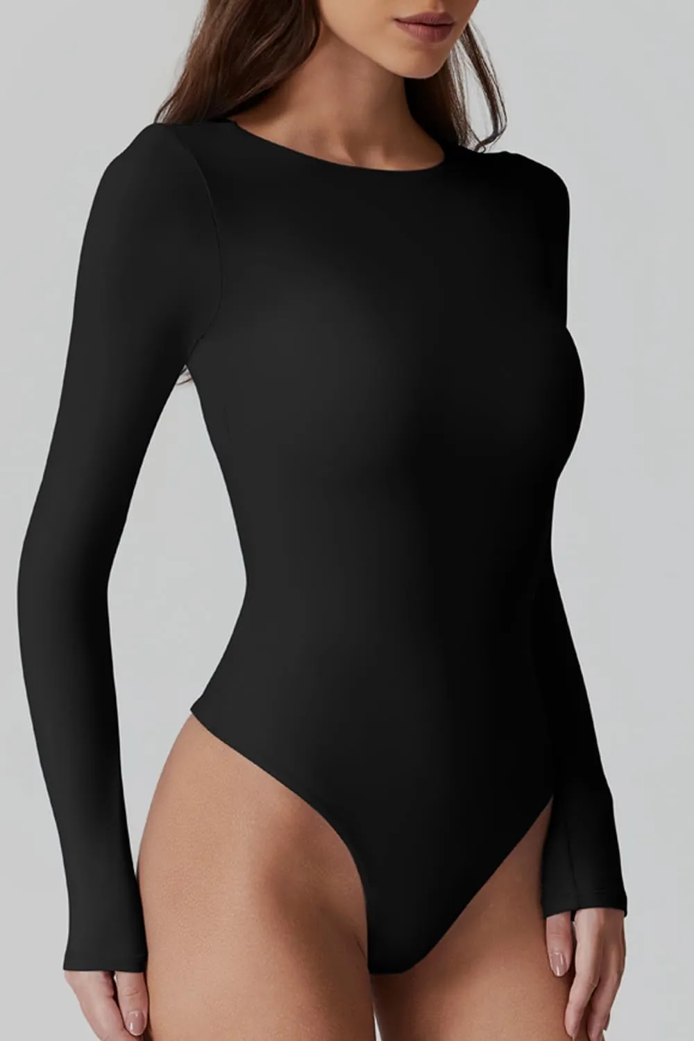 QINSEN Womens Crew Neck Long Sleeve Bodysuit Double Lined Body Suits Basic T-Shirt Tops