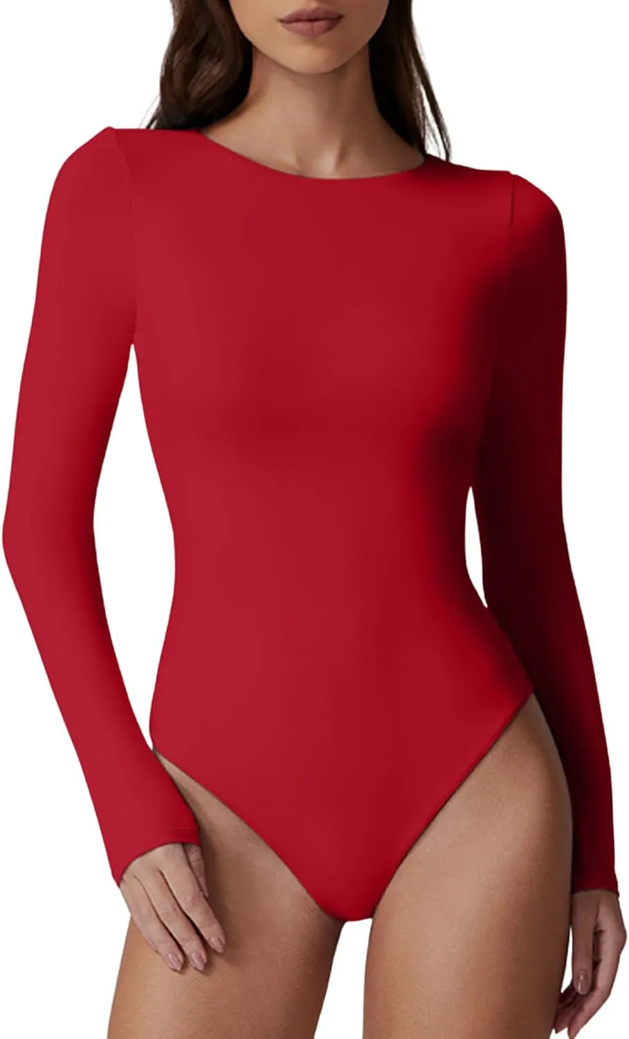 QINSEN Womens Crew Neck Long Sleeve Bodysuit Double Lined Body Suits Basic T-Shirt Tops