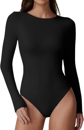 QINSEN Womens Crew Neck Long Sleeve Bodysuit Double Lined Body Suits Basic T-Shirt Tops