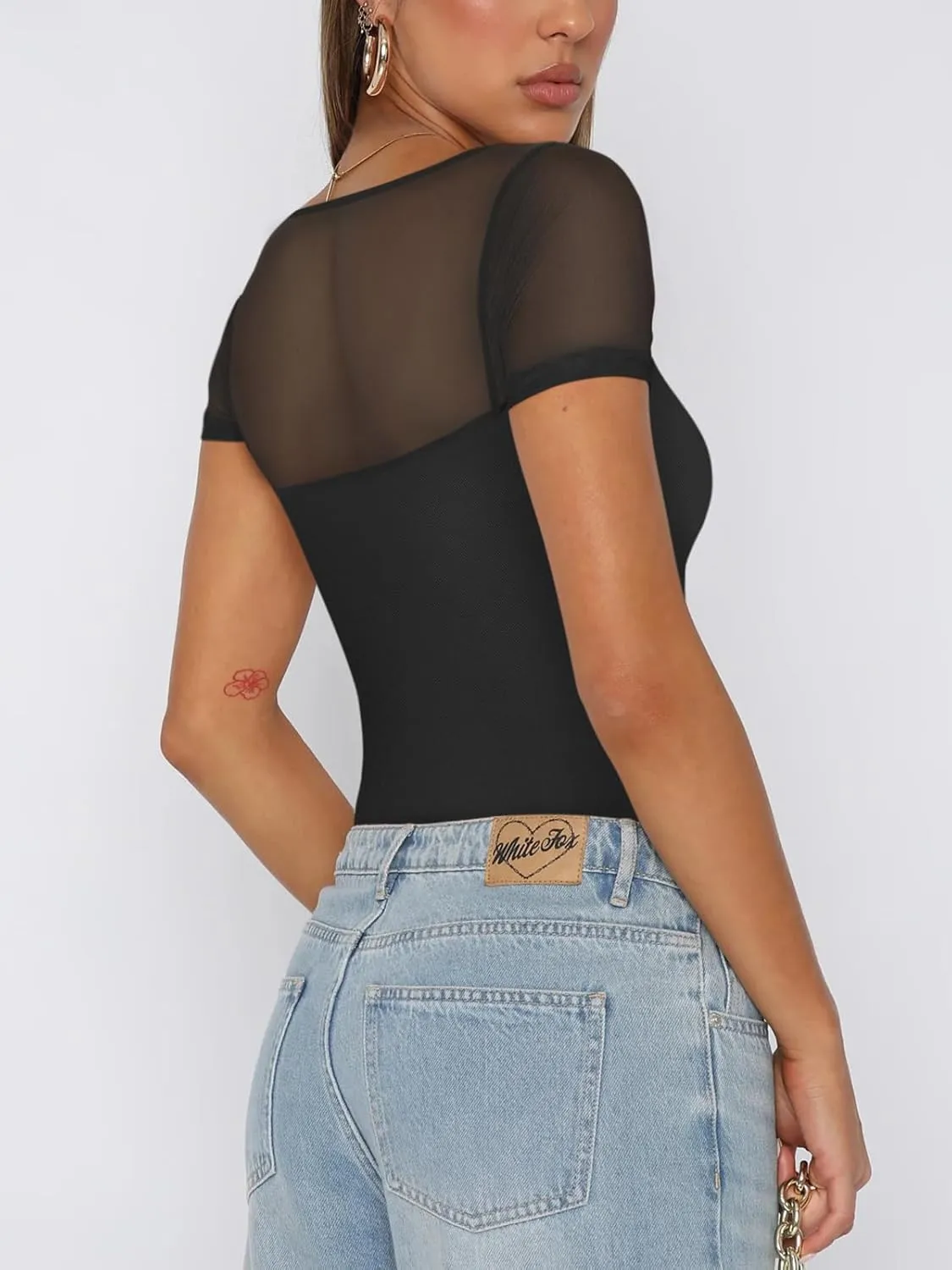 REORIA Women's Sexy Square Neck Short Sleeve Sheer Mesh Double Lined Slimming 2025 Trendy Going Out Bodysuits Tops