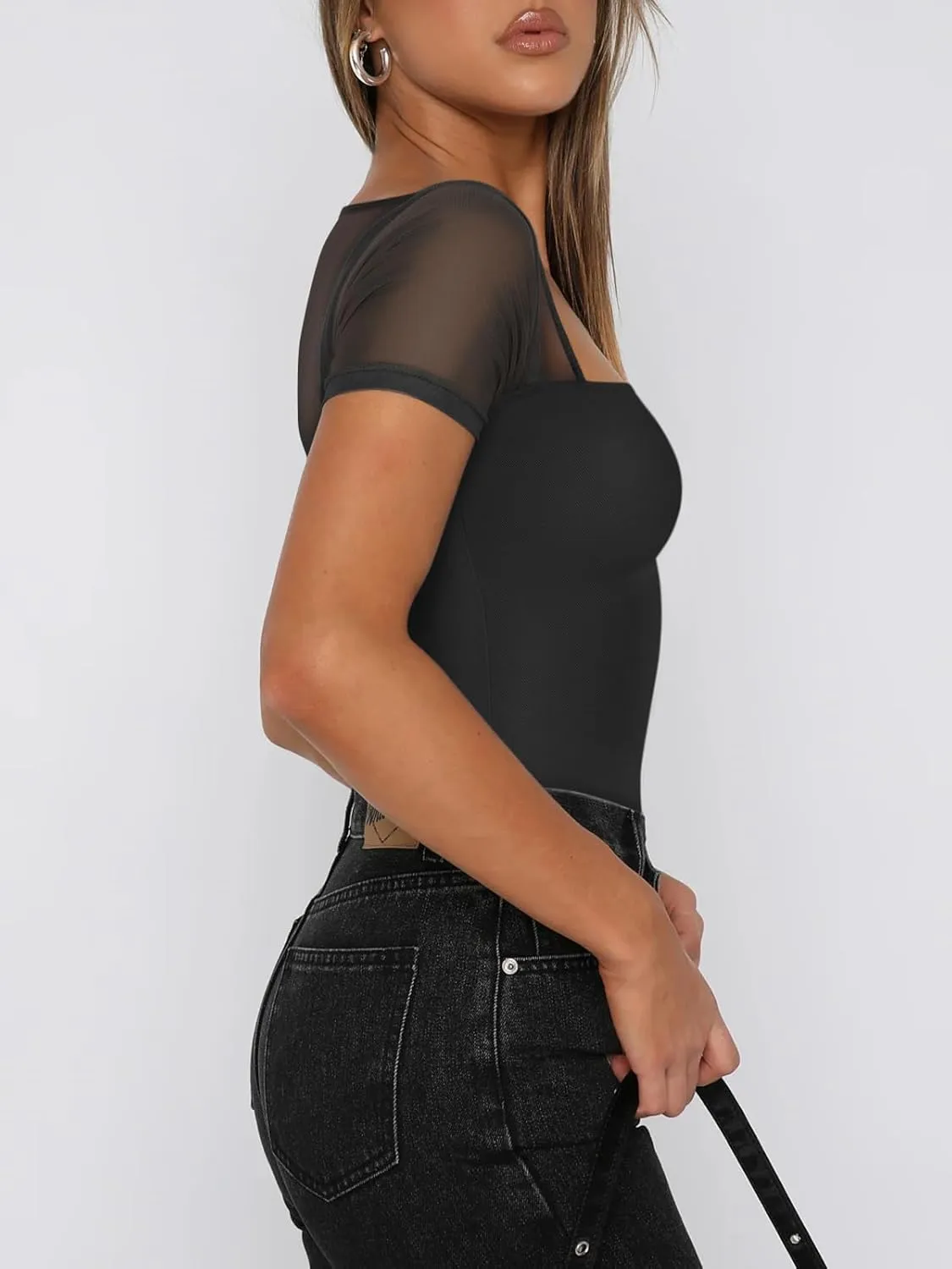 REORIA Women's Sexy Square Neck Short Sleeve Sheer Mesh Double Lined Slimming 2025 Trendy Going Out Bodysuits Tops