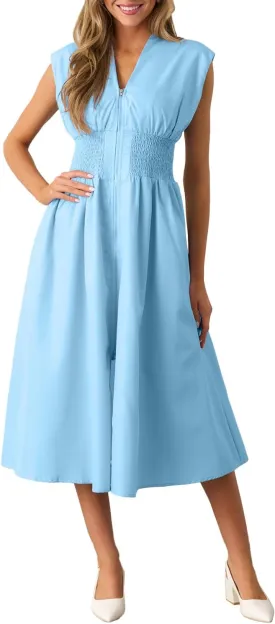 ROYLAMP Womens Summer Casual Dress Vintage Cocktail Wrap & Shape Dress V Neck Zipper Front Flowy Midi Dress with Pockets