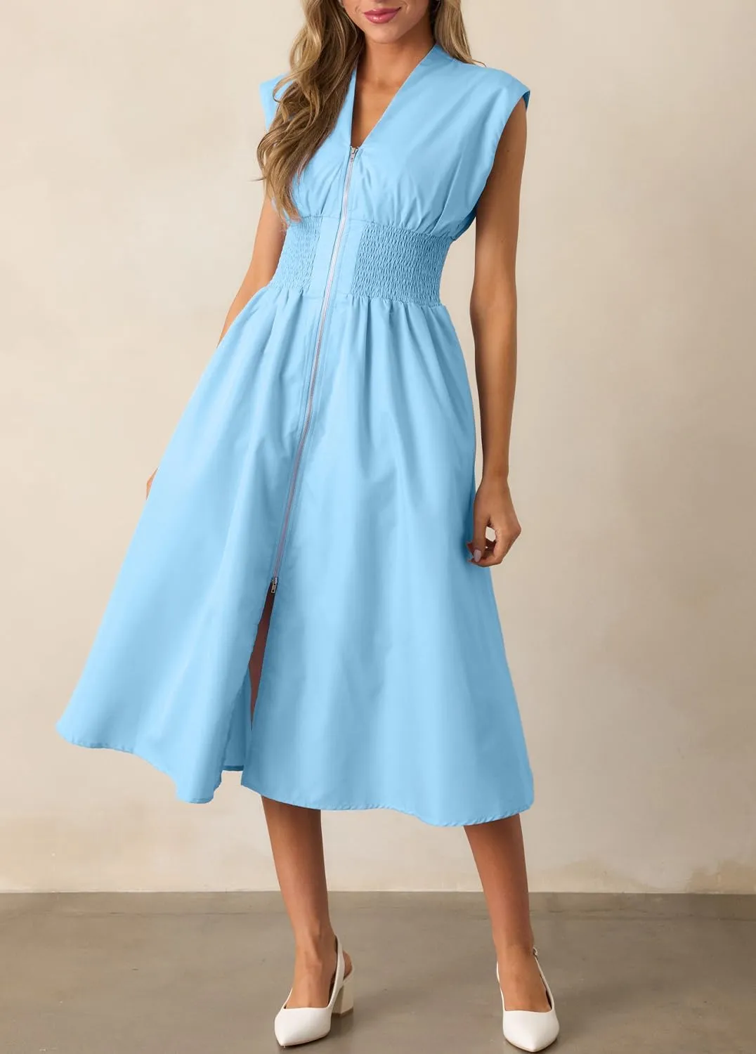 ROYLAMP Womens Summer Casual Dress Vintage Cocktail Wrap & Shape Dress V Neck Zipper Front Flowy Midi Dress with Pockets
