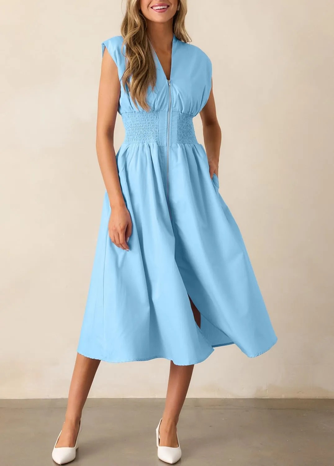 ROYLAMP Womens Summer Casual Dress Vintage Cocktail Wrap & Shape Dress V Neck Zipper Front Flowy Midi Dress with Pockets