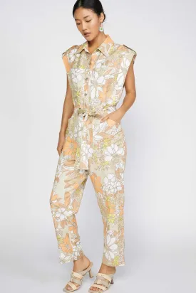 Sand Floral Mlt Floral Printed Sleeveless Button Down Jumpsuit