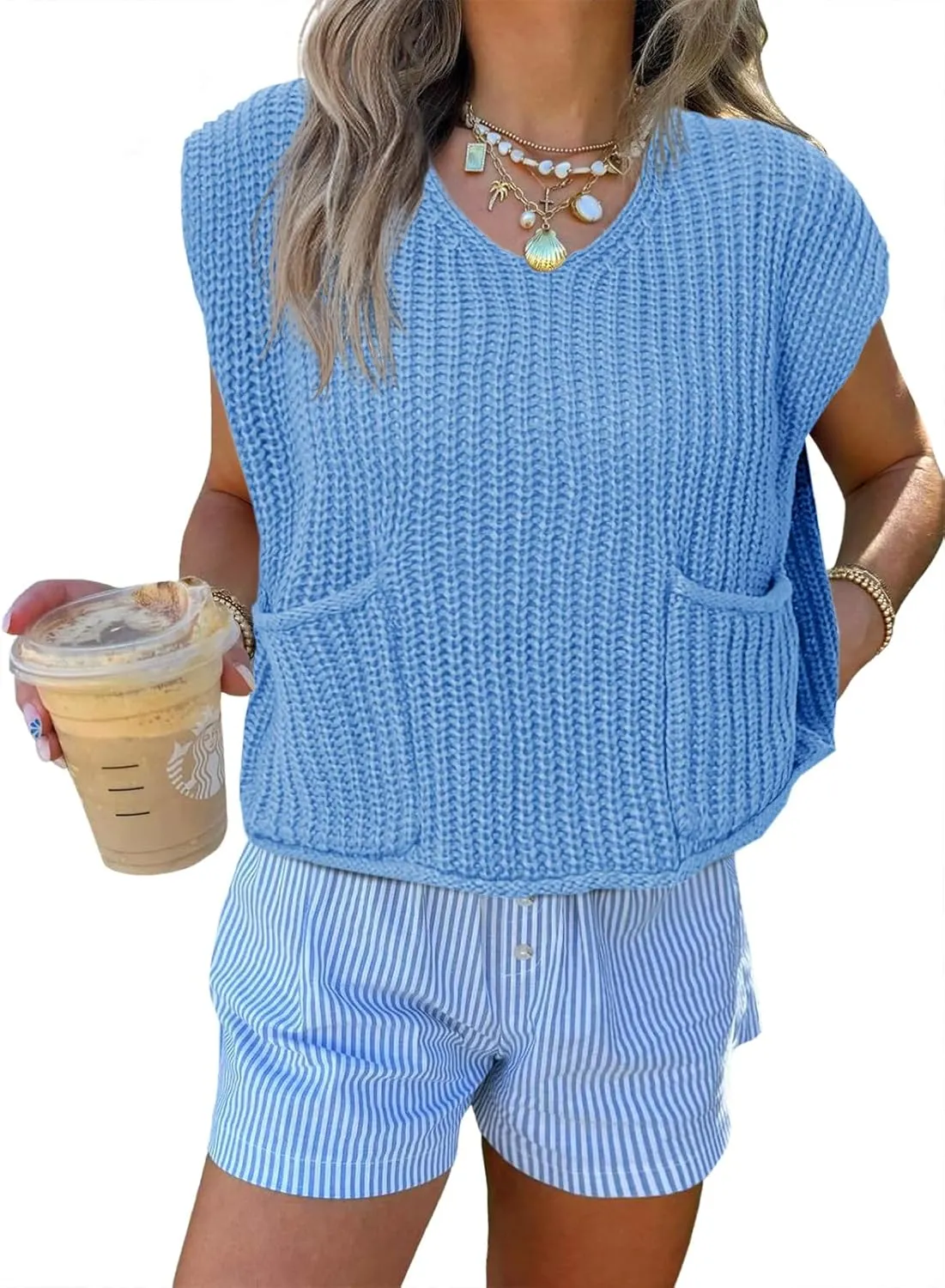 Saodimallsu Womens Summer Cap Sleeve Tops V Neck Chunky Knit Loose Knitted Top Lightweight Cropped Sweater Vest