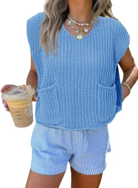 Saodimallsu Womens Summer Cap Sleeve Tops V Neck Chunky Knit Loose Knitted Top Lightweight Cropped Sweater Vest