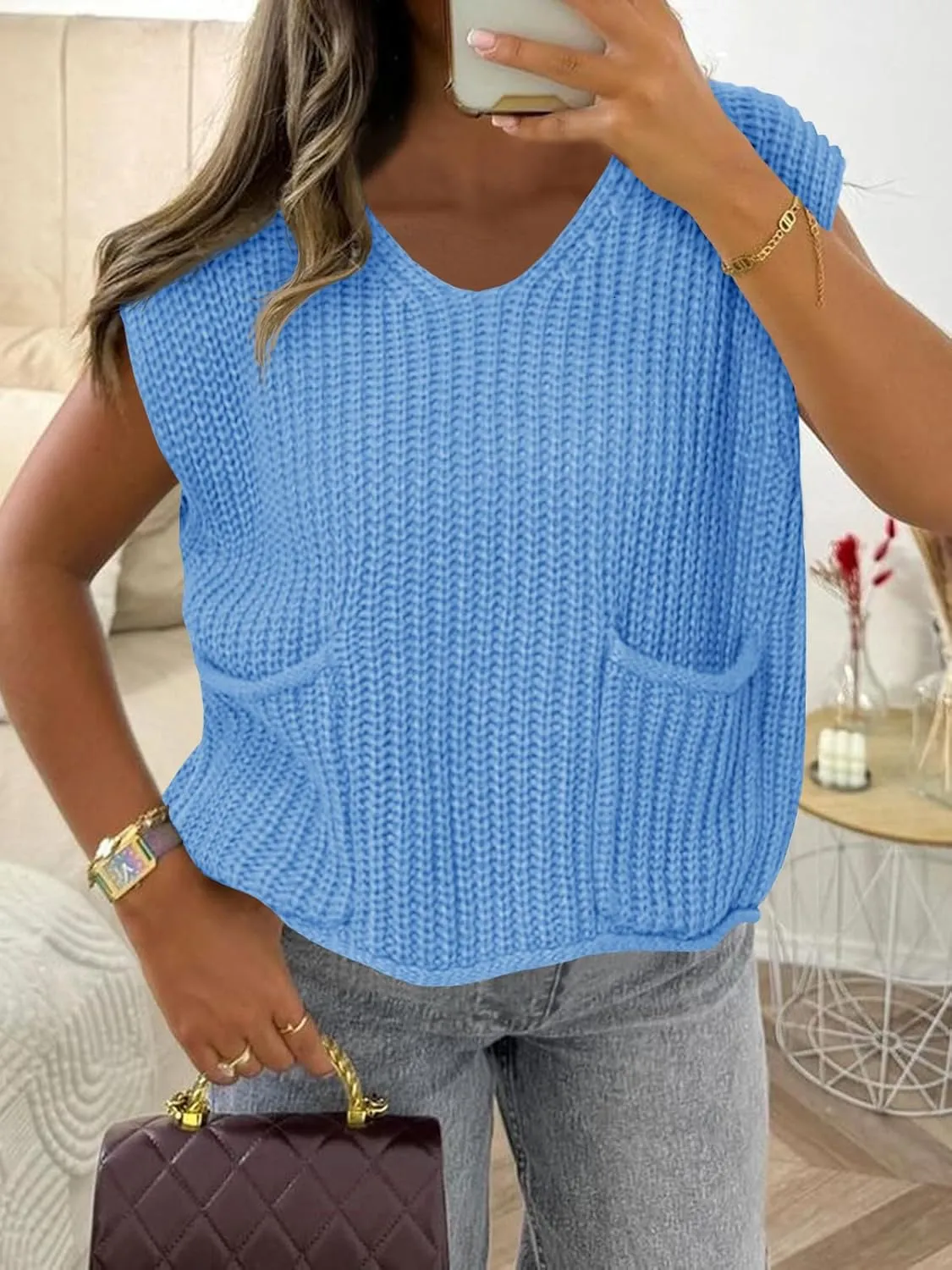 Saodimallsu Womens Summer Cap Sleeve Tops V Neck Chunky Knit Loose Knitted Top Lightweight Cropped Sweater Vest