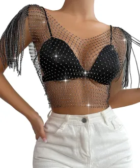 SEAUR Women's Sexy Fishnet Rhinestone Shirt See Through Hollow Out Mesh Cover up Sparkle Party Club Crop Tops