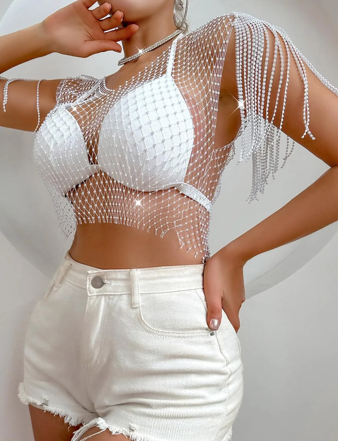 SEAUR Women's Sexy Fishnet Rhinestone Shirt See Through Hollow Out Mesh Cover up Sparkle Party Club Crop Tops