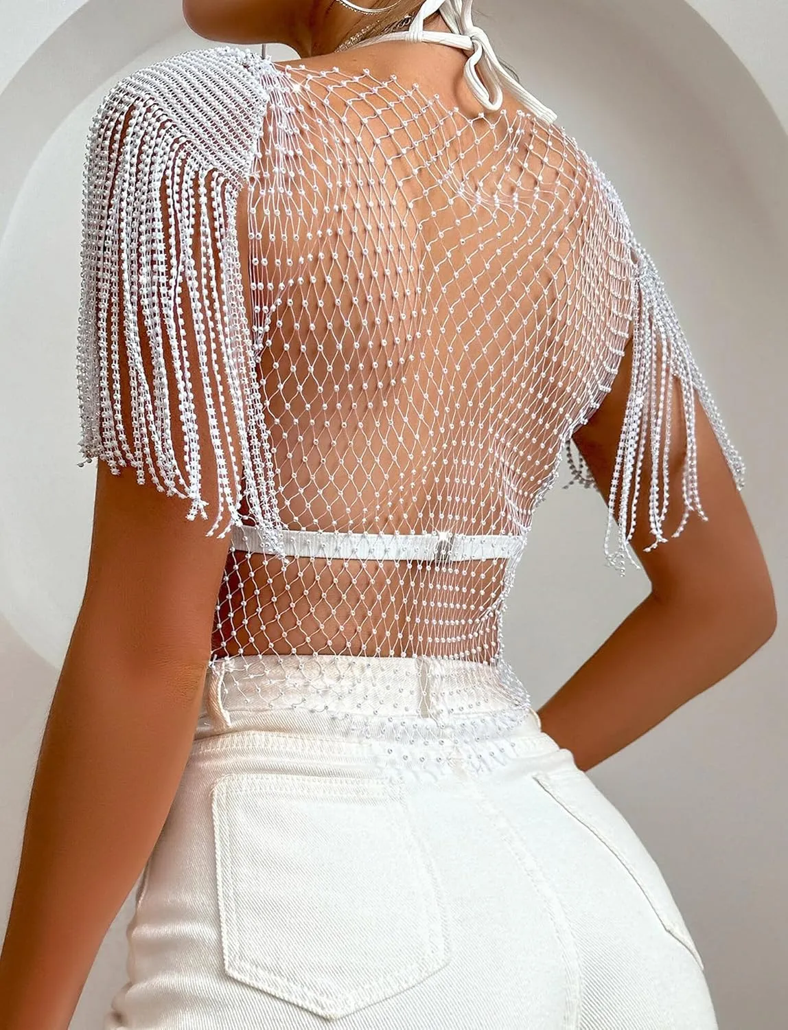 SEAUR Women's Sexy Fishnet Rhinestone Shirt See Through Hollow Out Mesh Cover up Sparkle Party Club Crop Tops