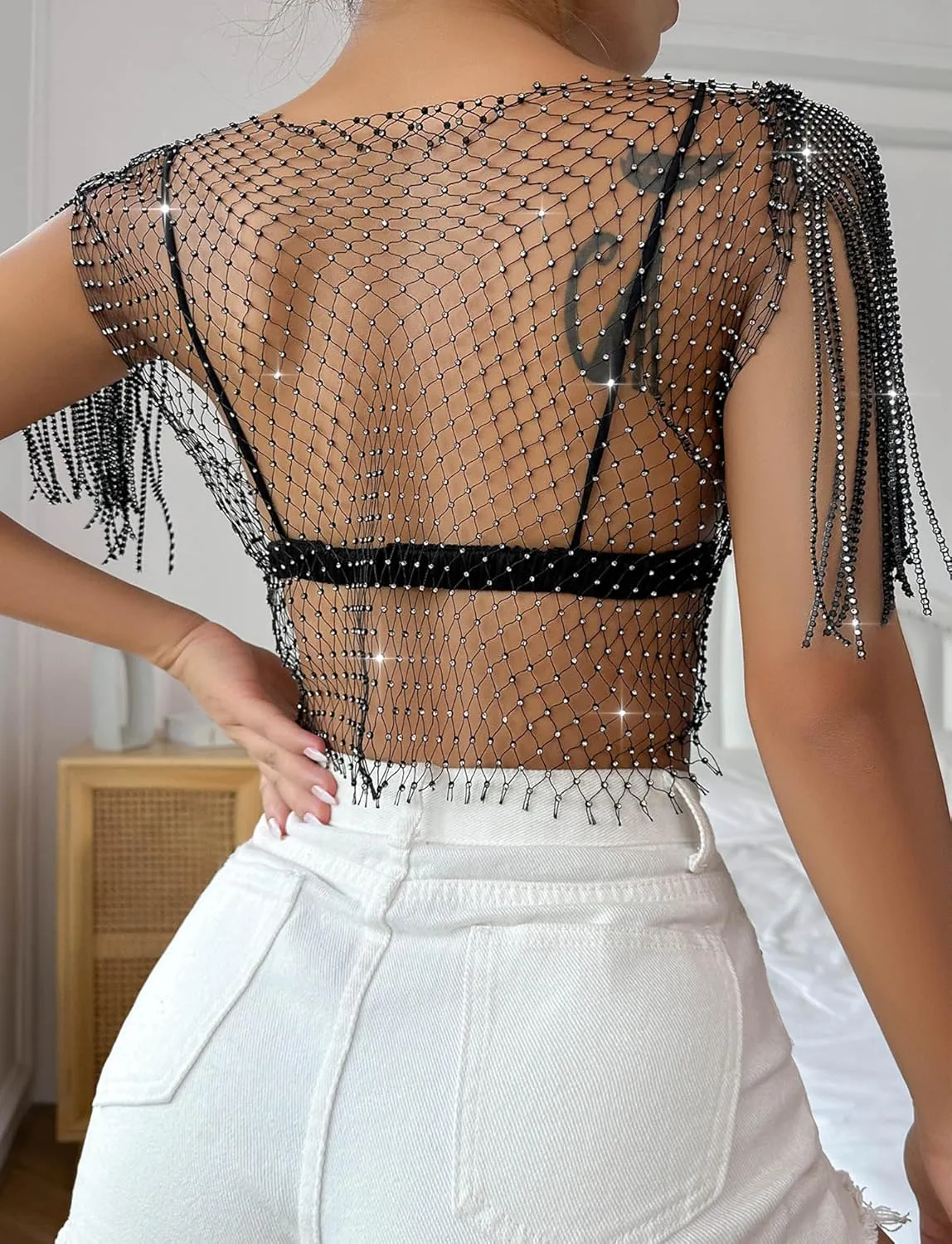 SEAUR Women's Sexy Fishnet Rhinestone Shirt See Through Hollow Out Mesh Cover up Sparkle Party Club Crop Tops
