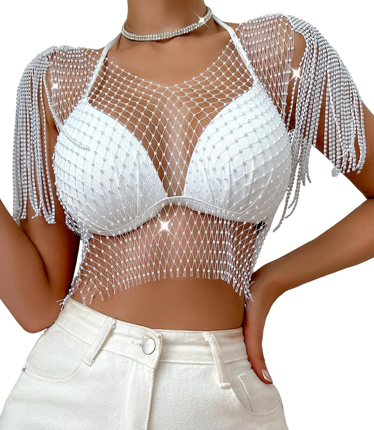 SEAUR Women's Sexy Fishnet Rhinestone Shirt See Through Hollow Out Mesh Cover up Sparkle Party Club Crop Tops