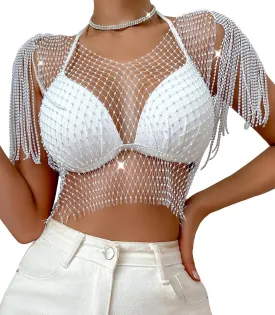 SEAUR Women's Sexy Fishnet Rhinestone Shirt See Through Hollow Out Mesh Cover up Sparkle Party Club Crop Tops