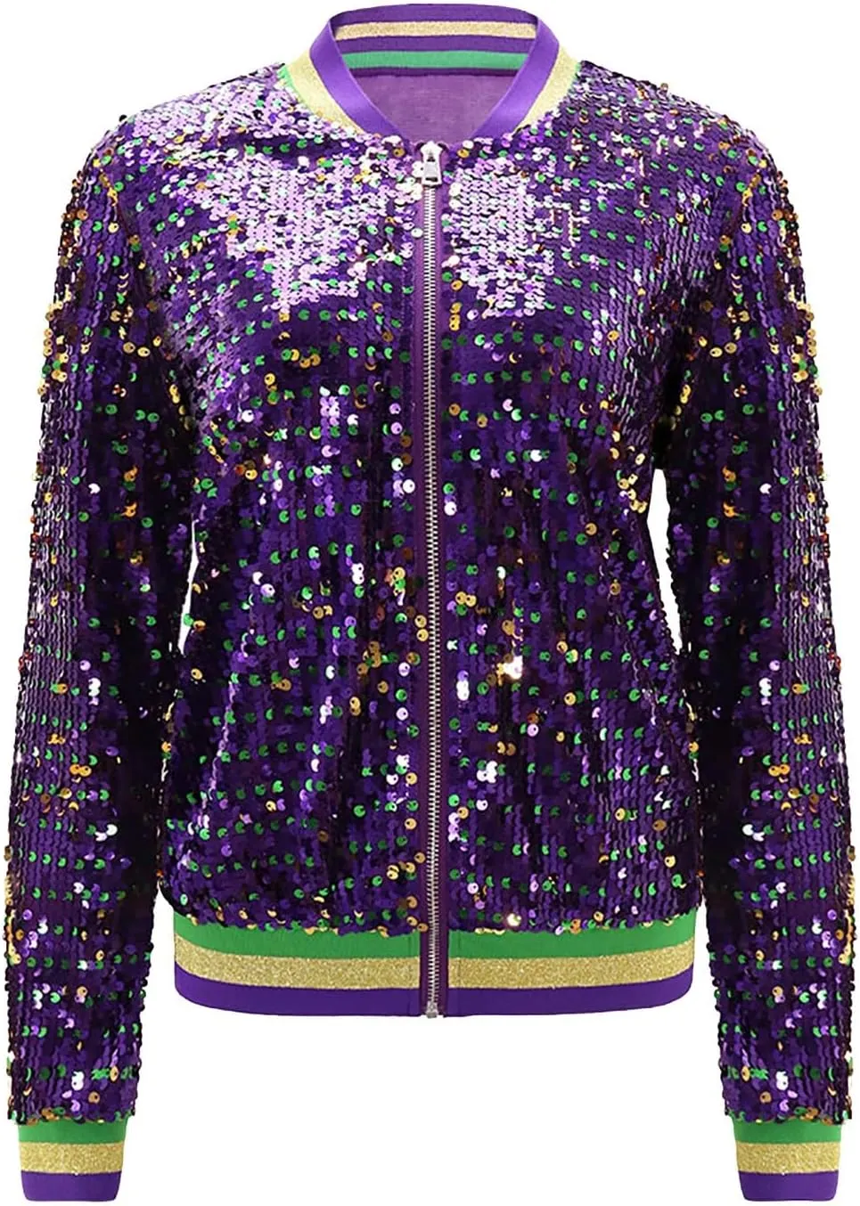 Sequin Bomber Jacket for Women Casual Long Sleeve Zip Up Cardigan Top Shiny Sparkle Mardi Gras Party Festival Outfits
